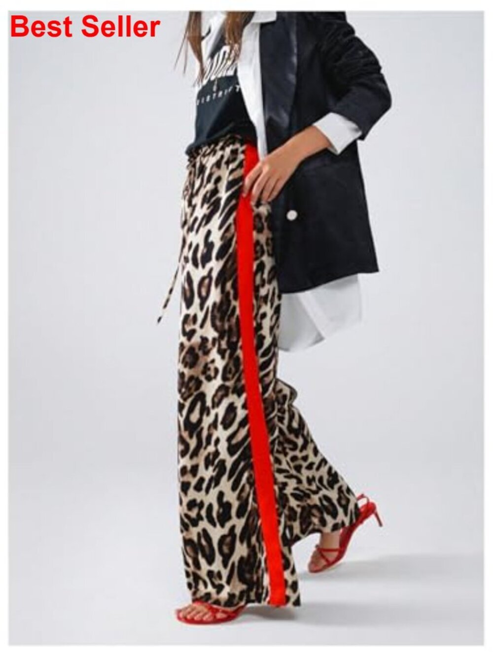 Cheetah Print Wide Leg Palazzo Pants with Drawstring Waist - Picture 2 of 5